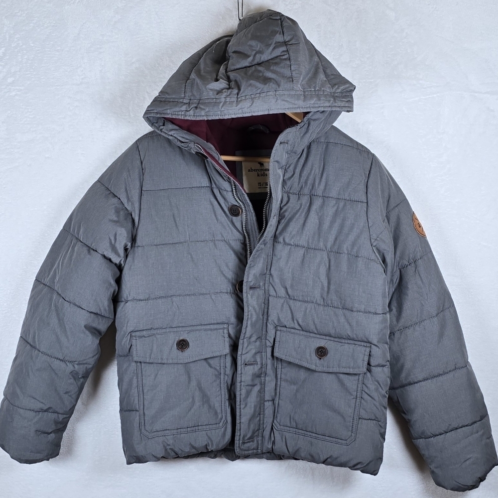Abercrombie Kids Gray Hooded Fleece Lined Puffer Jacket Sz 15/16